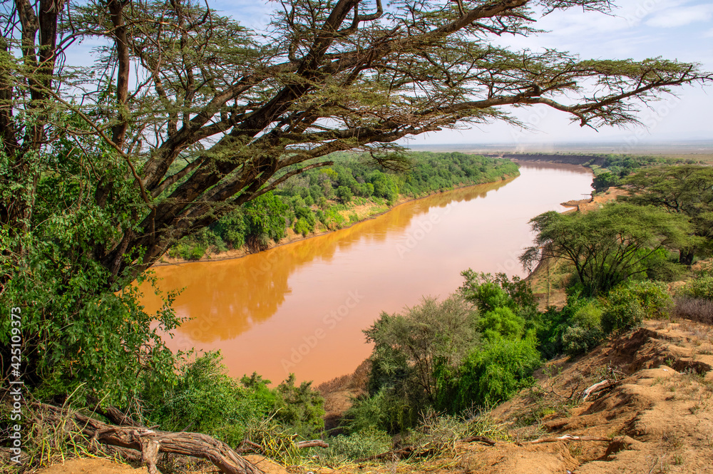 Obraz premium Omo river in Omo Valley. Omorate, Ethiopia. Africa The Omo River (also called Omo-Bottego) in southern Ethiopia is the largest Ethiopian river outside the Nile Basin. Its course is entirely contained