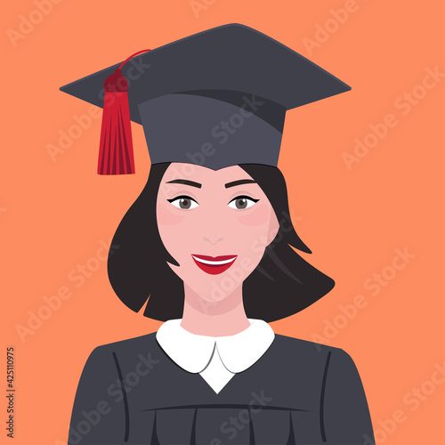Portrait young student. Vector illustration of happy girl-graduate student, female in graduation cap and gown with university diploma in her hand. The concept of celebrating the graduation  ceremony.