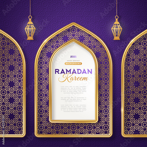 Ramadan Kareem concept poster, gold 3d frame arab window and hanging lanterns lamp on night sky background, beautiful arabesque pattern. Vector illustration. Place for text