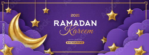 Ramadan Kareem Concept Banner or Voucher Template with 3d Gold Moon, Paper cut Clouds and Stars on Night Sky Violet Background. Vector illustration for greeting card, poster and flyer. Place for Text