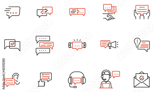 Vector Set of Linear Icons Related to Communication, Message, Consultation Service, Group Chat and Conversation. Mono line pictograms and infographics design elements