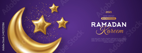 3d gold crescent moon with stars and confetti on dark sky violet background. Vector illustration. Ramadan Kareem concept banner and good night wallpaper. Place for text