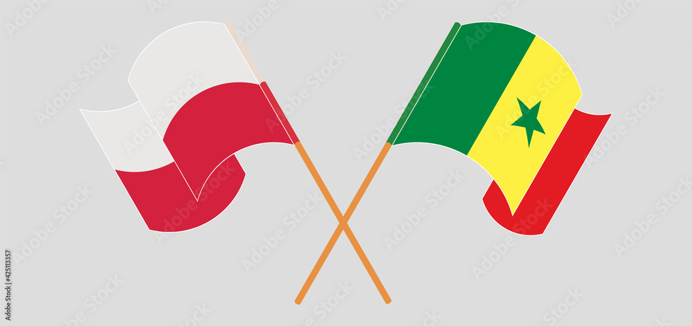 Crossed and waving flags of Poland and Senegal Crossed and waving flags of Poland and Senegal