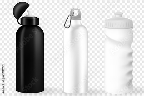 Water Bottle white, Silver and Black Empty Glossy Metal Reusable Water Bottle. Illustration of container water for sport bike and fitness. Vector realistic 3d.