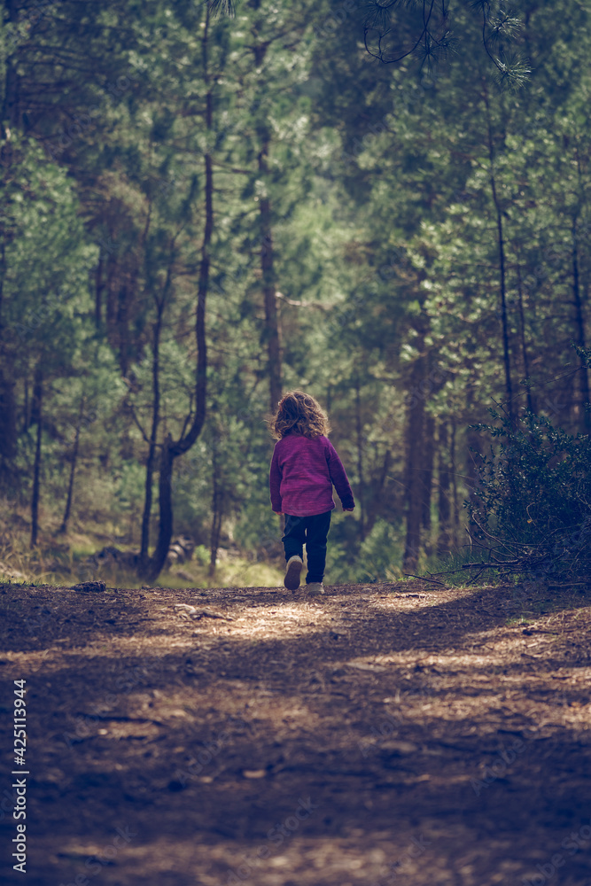 Little girl hiking in the woods on a cold autumn day with coat. Active family holidays with children. Little girl hiking in the woods on a cold autumn day with coat. Active family holidays with children.