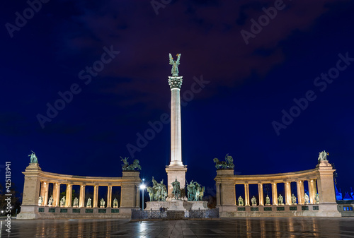 Hungary, heroes square in Budapest against the background of the evening sky, night city lights © ArturSniezhyn