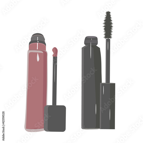 Lip gloss and mascara on a white background