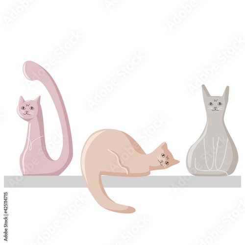 Three porcelain cat figurines on a shelf. Home decor. Vector cartoon illustration on white background