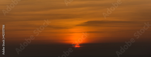 Ultra wide panorama of evening sunset.