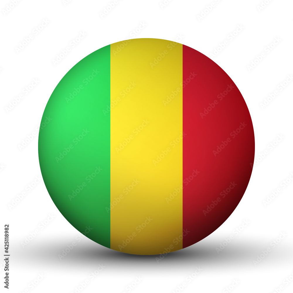 Glass light ball with flag of Mali. Round sphere, template icon. National symbol. Glossy realistic ball, 3D abstract vector illustration highlighted on a white background. Big bubble