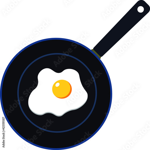 Fried egg on frying pan top view isolated on white background Vector Illustration. Fried eggs on modern frying pan, breakfast concept and food ingredients. 