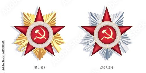 The Orders of the Patriotic War, golden 1st class and silver 2nd class military decorations.