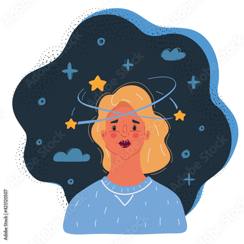Vector illustration of woman his vertigo head. onfused, male overwhelmed face concept on dark background.