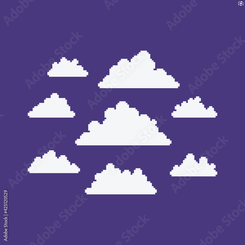 Multiple pixel art cloud icons of different sizes and shapes isolated on violet background