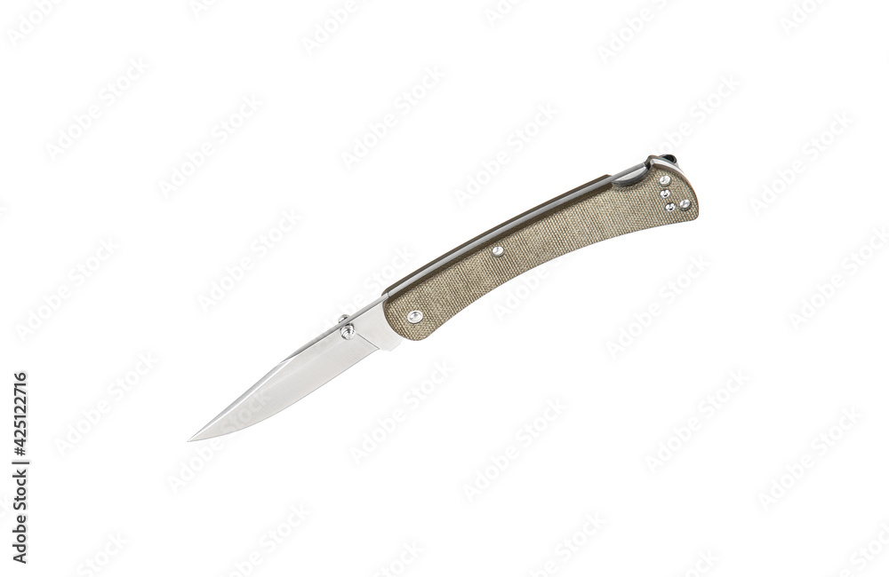 Pocket folding knife isolate on white back. Compact metal sharp knife with a folding blade. Pocket folding knife isolate on white back. Compact metal sharp knife with a folding blade.