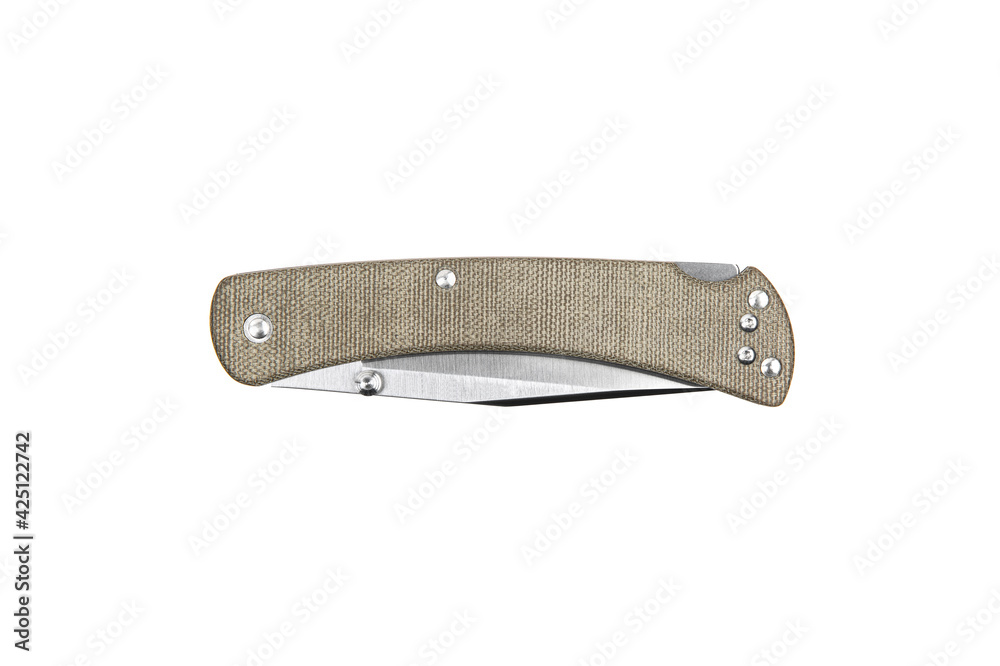 Pocket folding knife isolate on white back. Compact metal sharp knife with a folding blade. Pocket folding knife isolate on white back. Compact metal sharp knife with a folding blade.