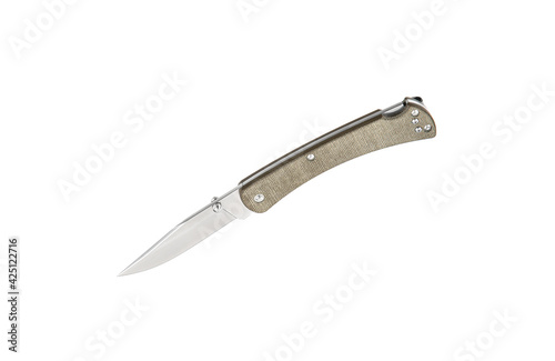 Pocket folding knife isolate on white back. Compact metal sharp knife with a folding blade.