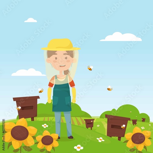 Girl farmer in the apiary collects honey. beautiful nature around. Vector illustration in cartoon style.