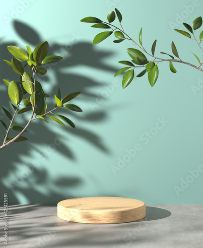 Fototapeta Naklejka Na Ścianę i Meble -  Minimal Wood Stage For Show Product On Cement Floor And Sunlight Plant Shadow On Mint Background 3d Render