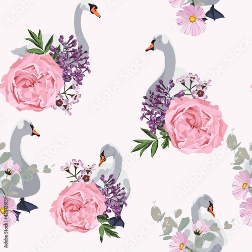 Beautiful seamless pattern with white swans and pink roses, violet lilac and leves spring flowers illustration.