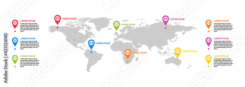 Modern infographic tempalte with world map icon. Point location for website