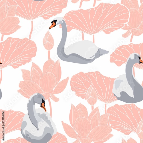 Beautiful seamless pattern with white swans and Japanese lotus water lily flowers illustration.