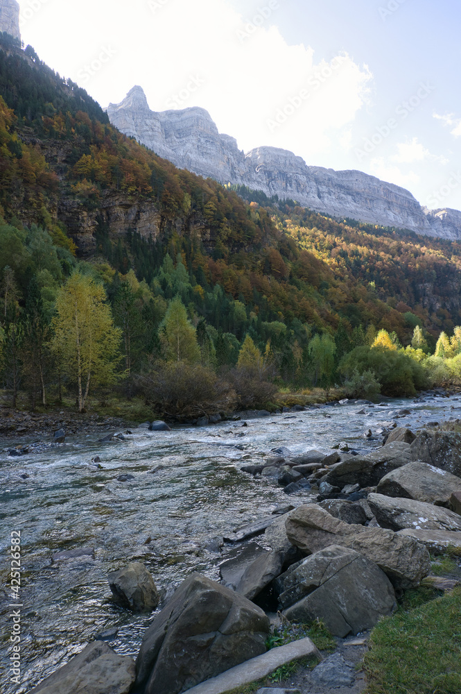 on the banks of the Arazas river in the Ordesa y Monte Perdido National Park, in the Aragonese Pyrenees, located in Huesca, Spain. on the banks of the Arazas river in the Ordesa y Monte Perdido National Park, in the Aragonese Pyrenees, located in Huesca, Spain.