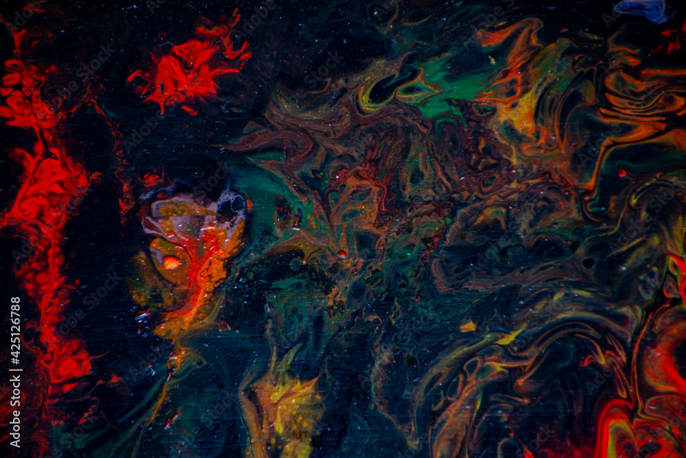 Texture in the style of fluid art. Abstract background with swirling paint effect. Liquid acrylic paint background. Red, black and yellow colors. Texture in the style of fluid art. Abstract background with swirling paint effect. Liquid acrylic paint background. Red, black and yellow colors.