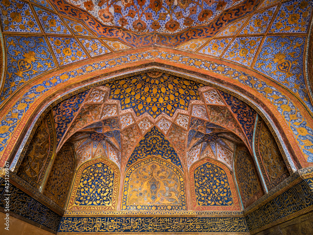 Colourful interiors of the Tomb of Akbar the Great in Sikandra near Agra, Uttar Pradesh, India. 