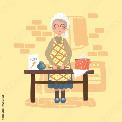 Grandma bakes pies in the kitchen. Dough and flour are on the table. Vector illustration in a cartoon style.