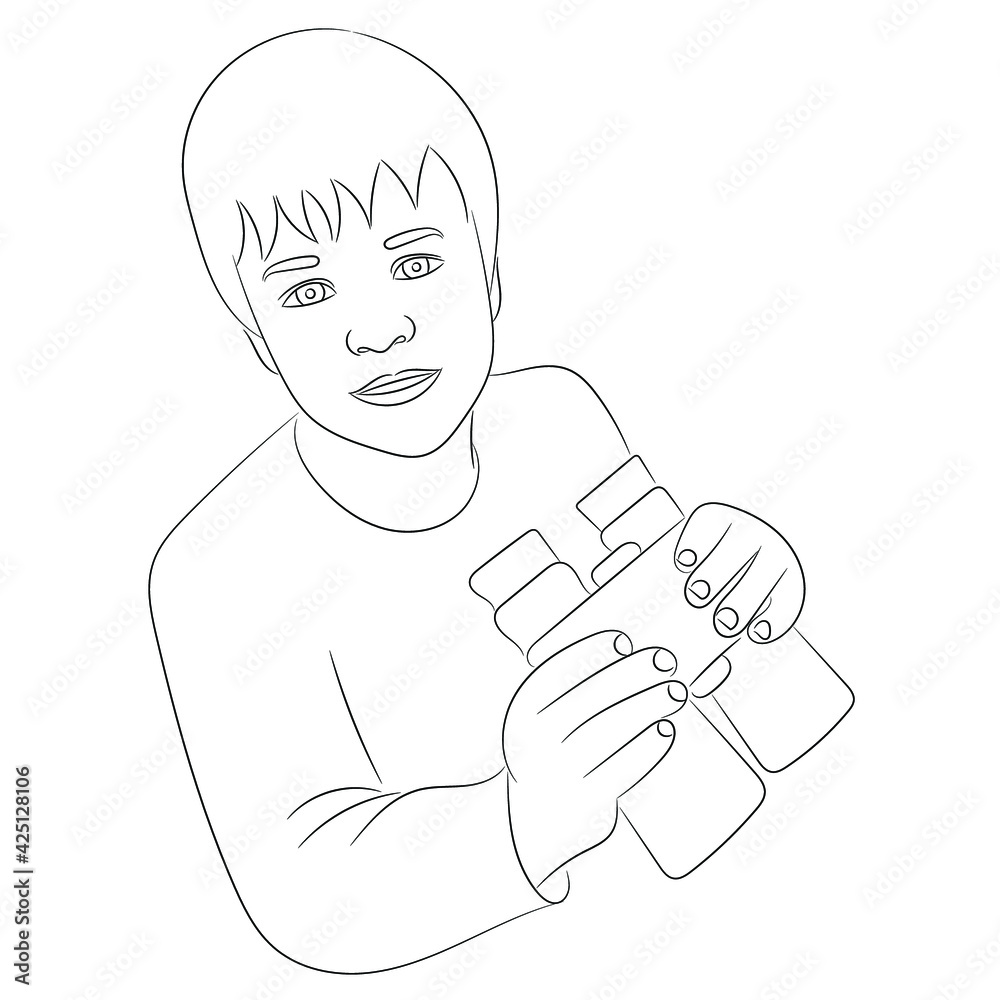 Sketch portrait of a little boy with binoculars in his hands