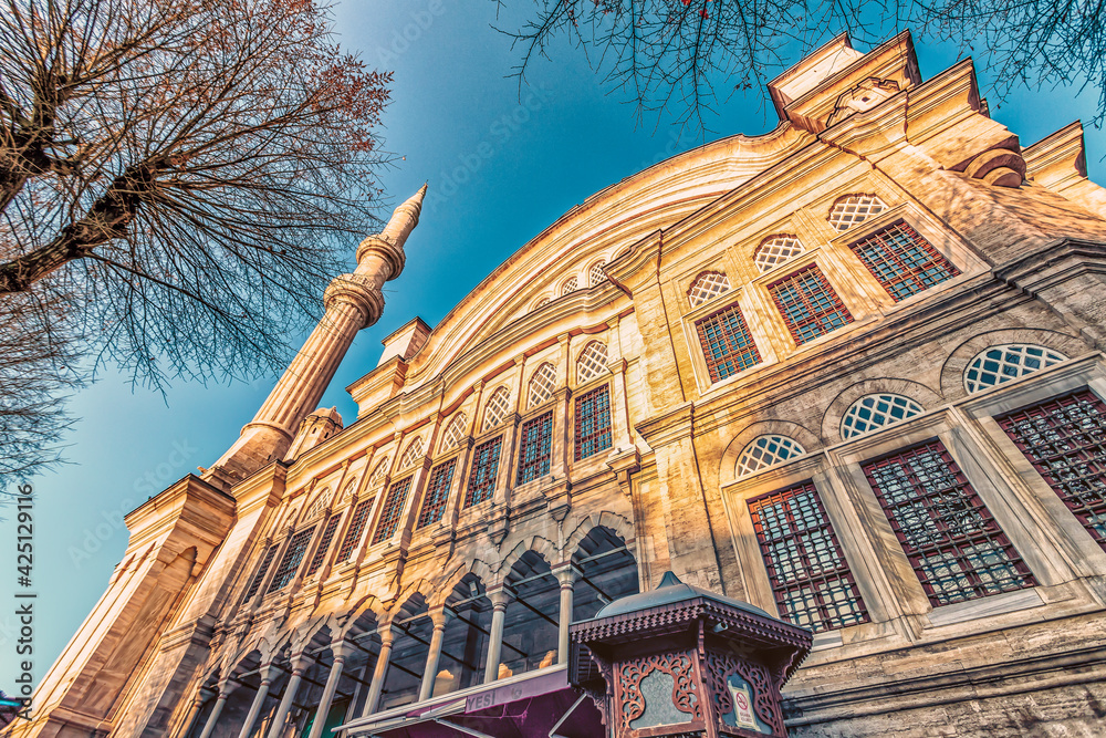 Looking up at the front of Nuruosmaniye Mosque in Istanbul.