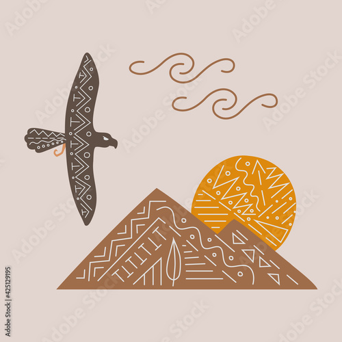 Vector illustration with free flying eagle from wild west, sunset in mountains in ethnic style. For card, web, print