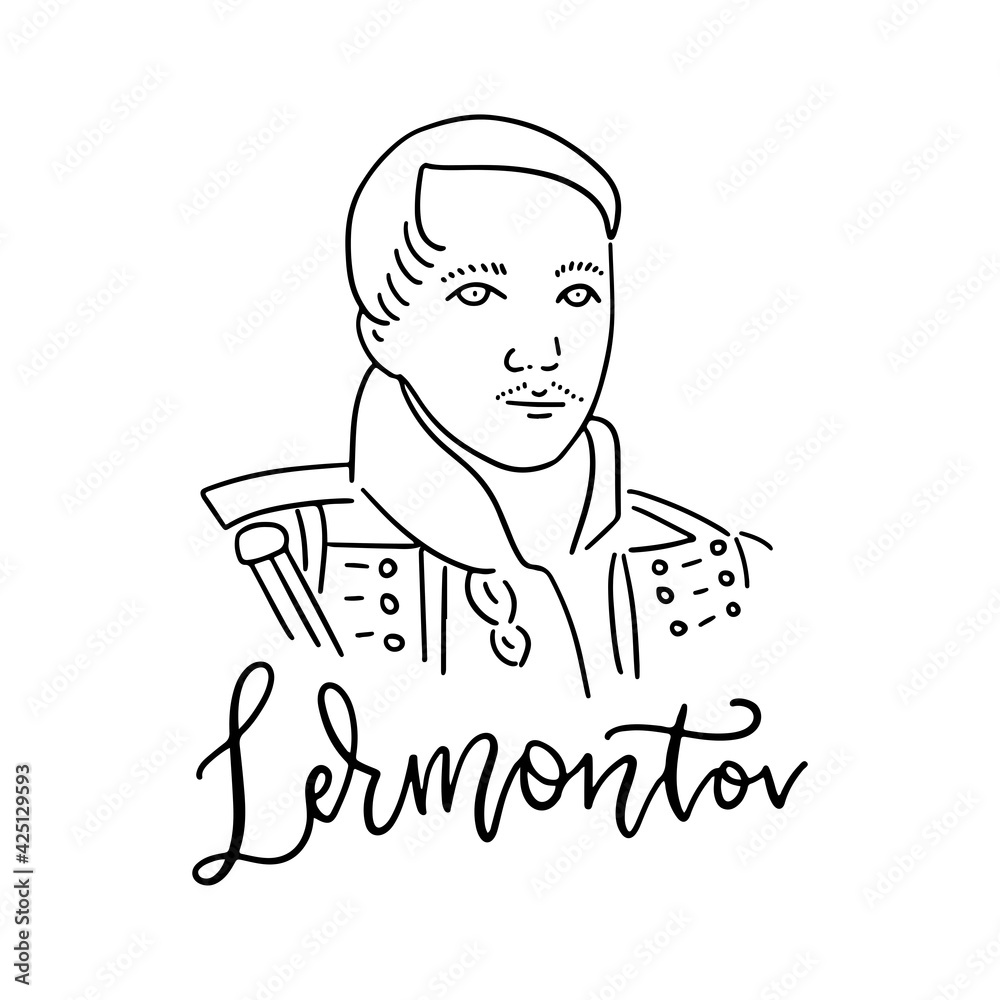 Russian poet and writer Lermontov Mikhail Yuryevich line art portrait isolated on white background for prints, greeting cards and design elements. Vector hand drawn illustration with lettering text.