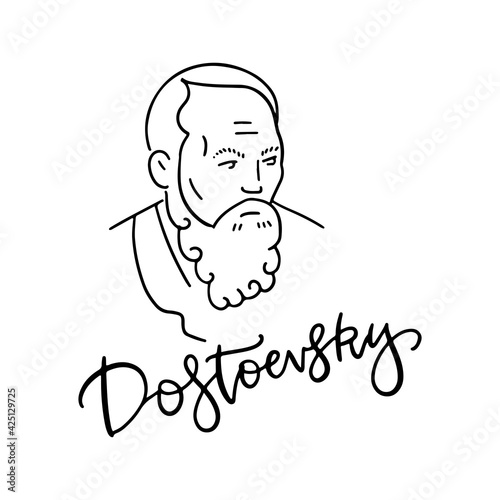 Fedor M. Dostoevsky linear sketch portrait isolated on white background for prints, greeting cards and design elements. Vector hand drawn illustration with lettering text. photo