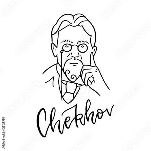 Oortrait of the writer Anton Chekhov. Famous Russian writer, prose writer, playwright, doctor. Black and white linear sketch of a hand drawn portrait. Vector line illusttartion with lettering text photo