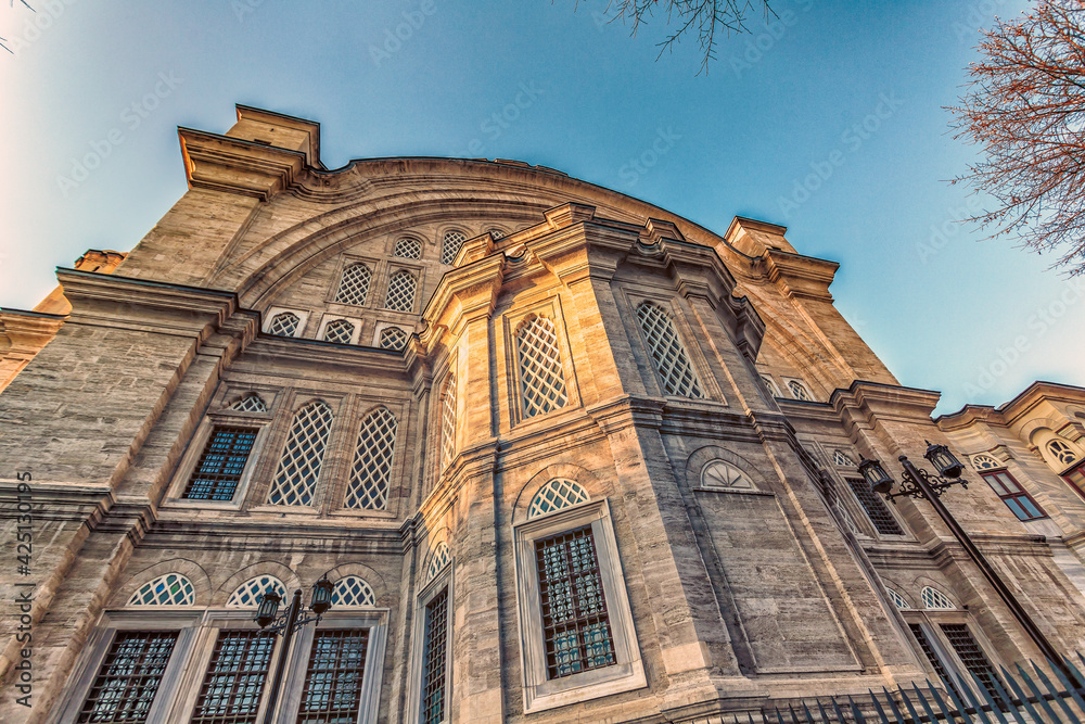Looking up at the rear of Nuruosmaniye Mosque in Istanbul.