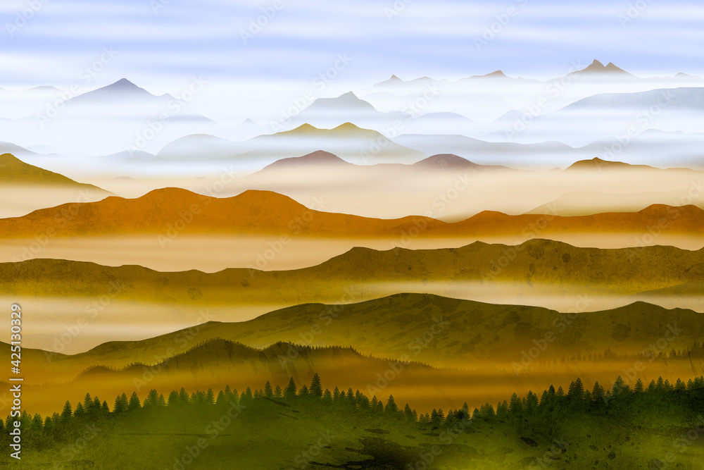 Mountains and valleys at sunset