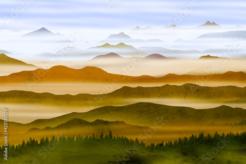 Obraz na płótnie Mountains and valleys at sunset w salonie