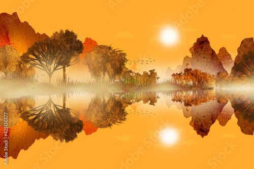 Tropical landscape with mountains, forest and river at sunset