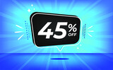 45% off. Blue banner with forty-five percent discount on a black balloon for mega big sales.