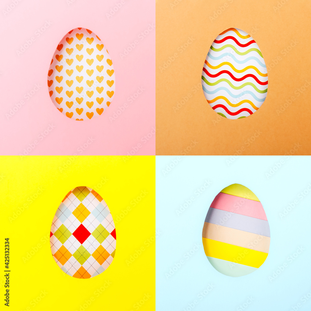 Creative art collage. Pattern of Easter colored eggs on colorful background.