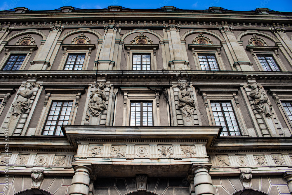 Looking up at the Facade of the Rear Entrance to the Royal Palace in the Gamla Stan Neighborhood of Stockholm, Sweden