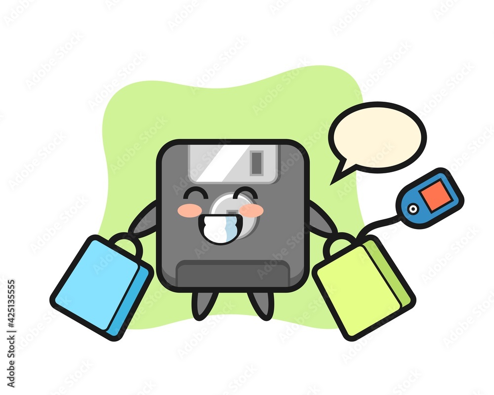 floppy disk mascot cartoon holding a shopping bag floppy disk mascot cartoon holding a shopping bag