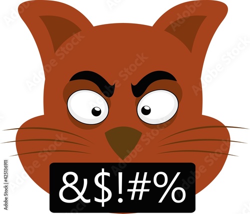 Vector emoticon illustration of a cartoon cat's head with an angry and insulting expression