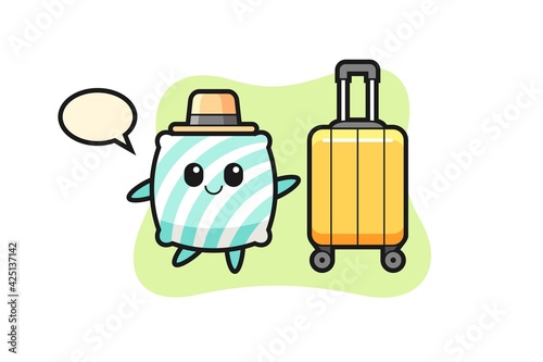 pillow cartoon illustration with luggage on vacation