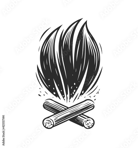 Camp fire isolated illustration. Camping, bonfire symbol