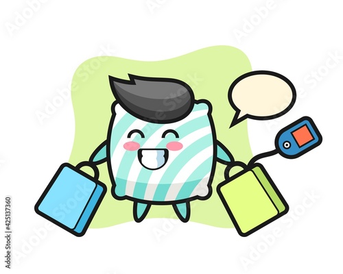 pillow mascot cartoon holding a shopping bag