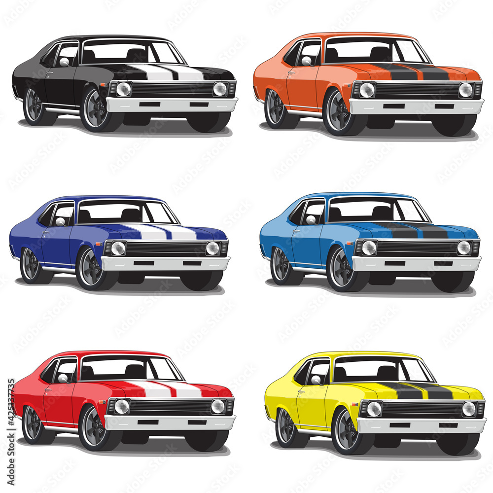 60s' Classic Vintage Muscle Car Vector Illustrations Set of 6 different colors 