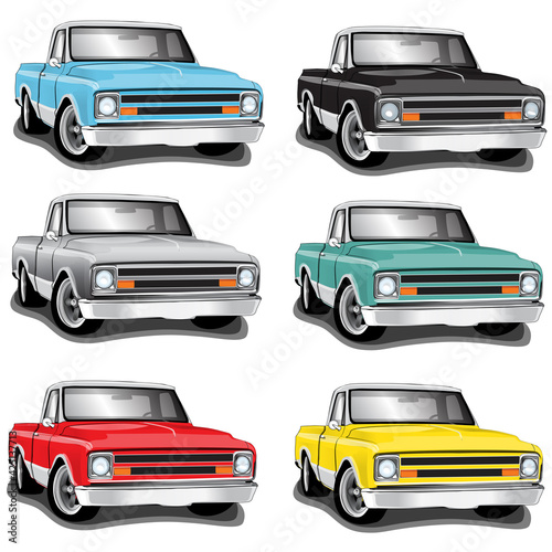 60s' Classic Pickup Truck Vector Illustrations Set of 6 different colors 